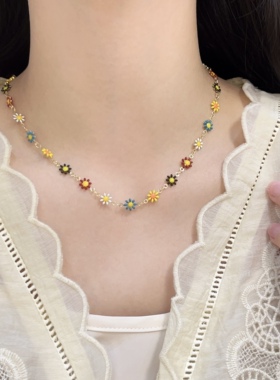 彩色小众项链女小清新雏菊花朵手链颈链ins风撞色设计锁骨链配饰