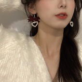 复古棕色蝴蝶结爱心珍珠耳环精致学生甜美气质耳饰无耳洞耳夹女