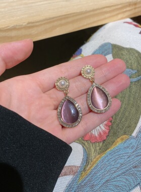 紫色猫眼石2025新款潮复古港风轻奢钻石耳钉ins质感耳环耳坠耳夹