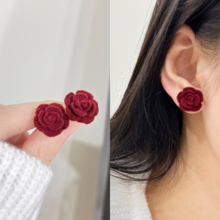 秋冬复古植绒玫瑰花耳钉文艺法式酒红色高级感仙气唯美定制耳夹款