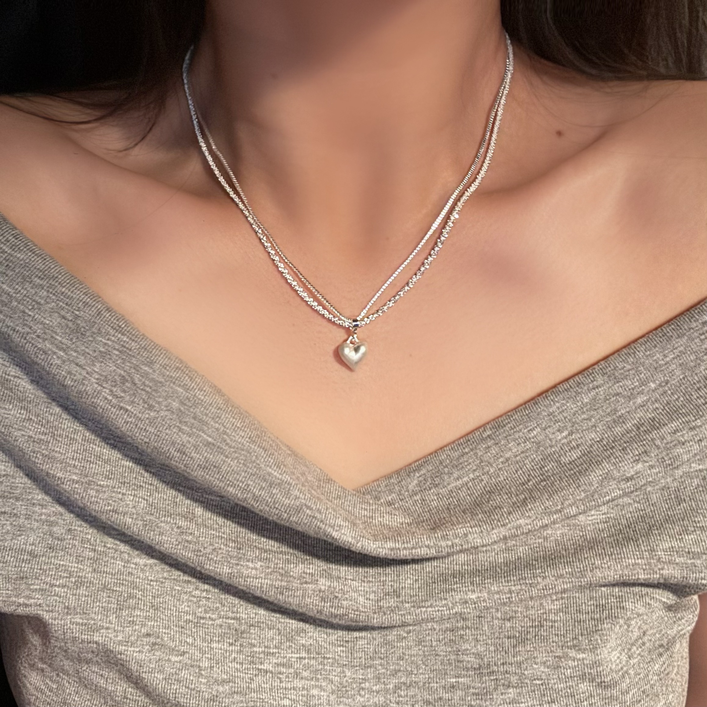 双层拉丝爱心吊坠项链女高级感轻奢小众颈链精致百搭锁骨链毛衣链