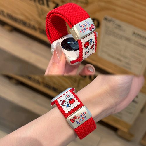 适用苹果S11iwatchs10可爱KT猫立体印花编织磁吸表带华为Fit4FIT5