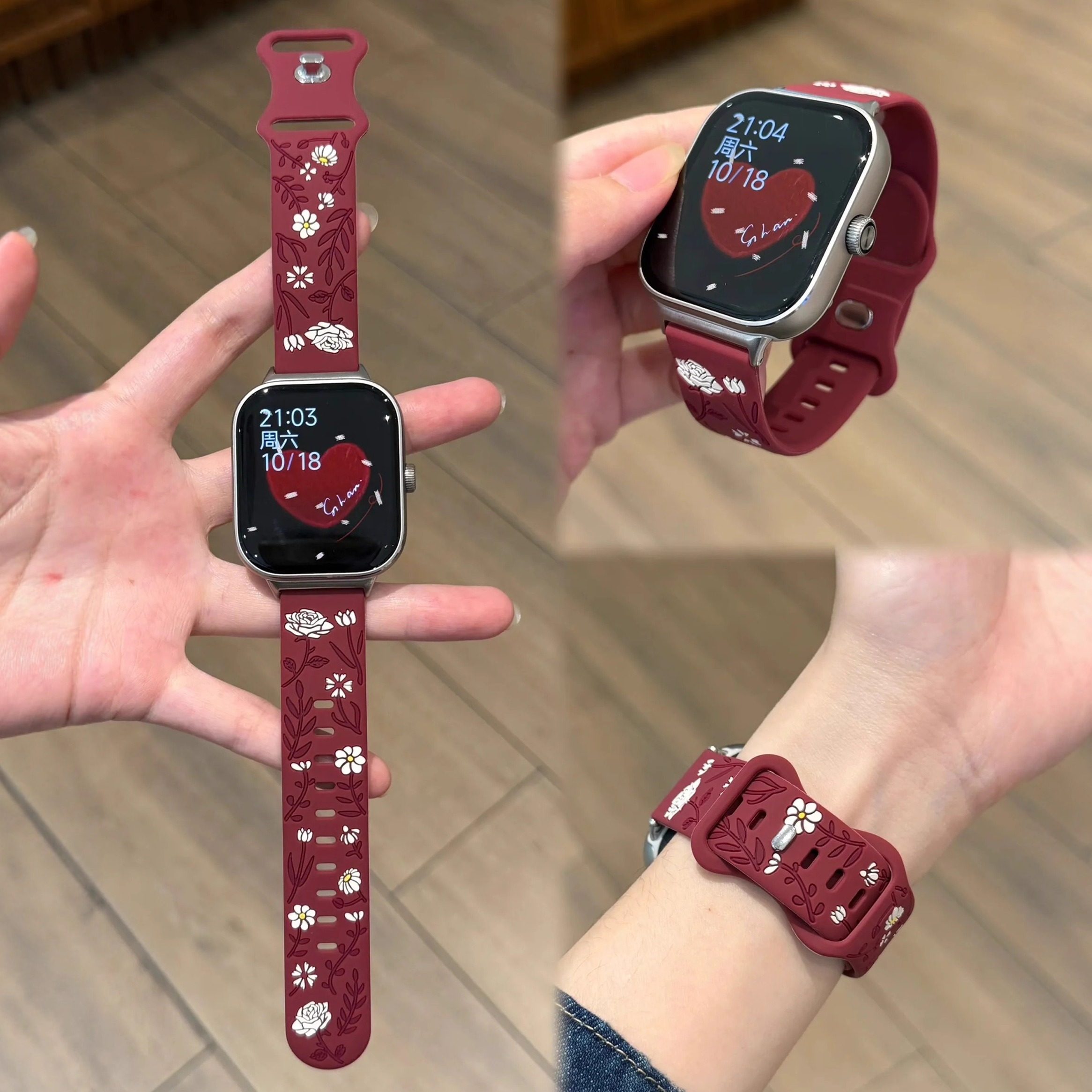 适用华为FIT4/Fit3彩色玫瑰浮雕液态硅胶表带iWatchS11苹果S10s98