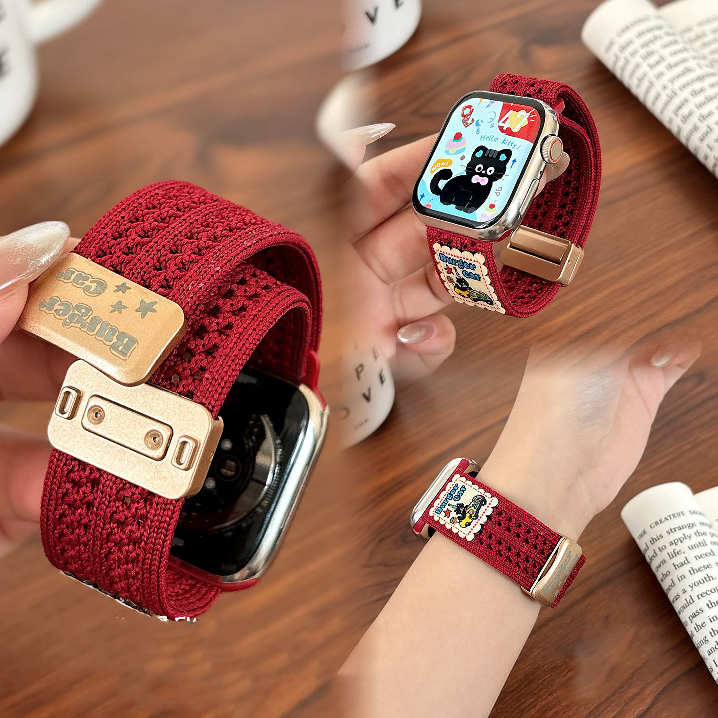 适用iwatchS11卡通猫针织磁吸表带苹果s109小米9Pro华为Fit4红米6