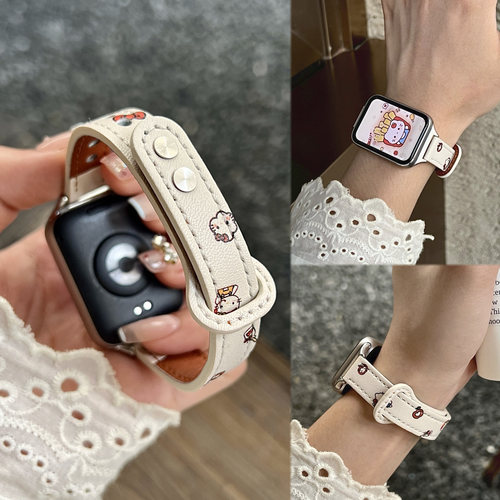 适用红米Watch6新款Watch5/4卡通KT印花双钉皮质表带小米9pro8pro