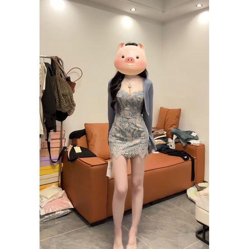 套装女2026秋季纯欲风辣妹长袖针织开衫外套内搭蕾丝吊带连衣裙潮