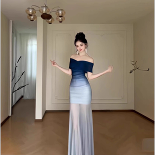渐变蓝纯欲度假风小众高级感修身 包臀鱼尾抹胸网纱连衣裙