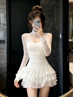 法式复古黑色网纱长袖连衣裙女秋冬气质高级感收腰显瘦蛋糕短裙子