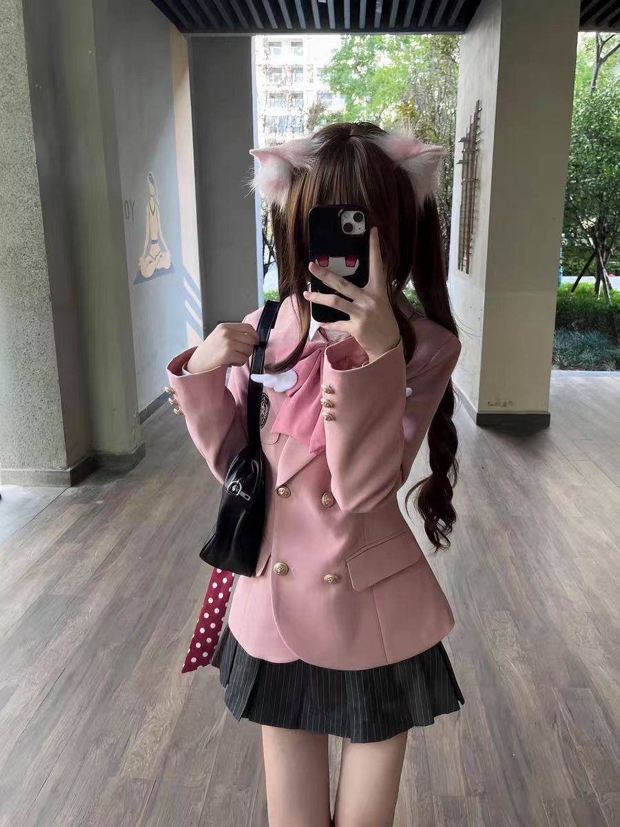 粉色黑色西装外套女2025新款春秋高级感小个子短款西服上衣