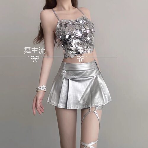 酒吧DS演出服新款女DJ领舞台chic性感辣妹银色上衣爵士舞时尚套装