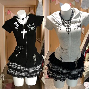 自制日系辣妹夏季纯棉短袖T恤女修身正肩亚文化百搭宅系外套上衣