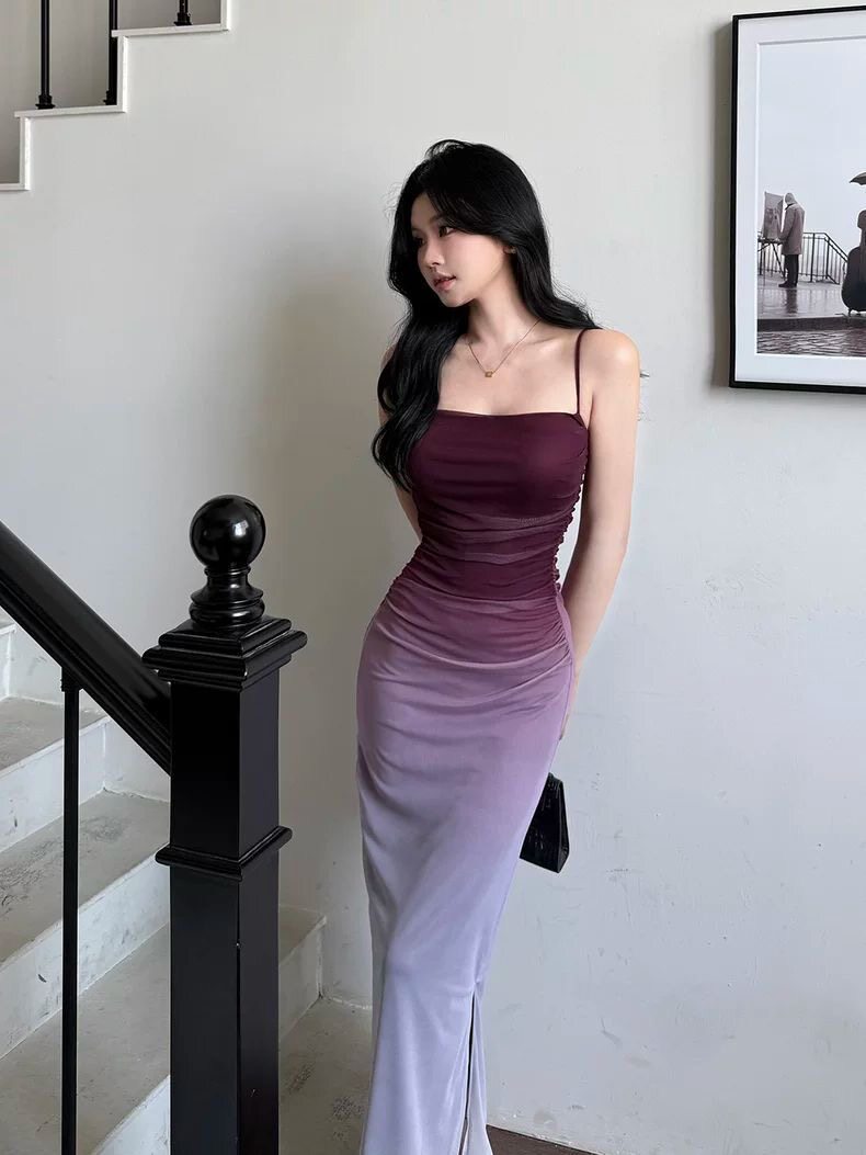 紫色渐变网纱吊带连衣裙女高级辣妹性感修身显身材包臀裙礼服长裙
