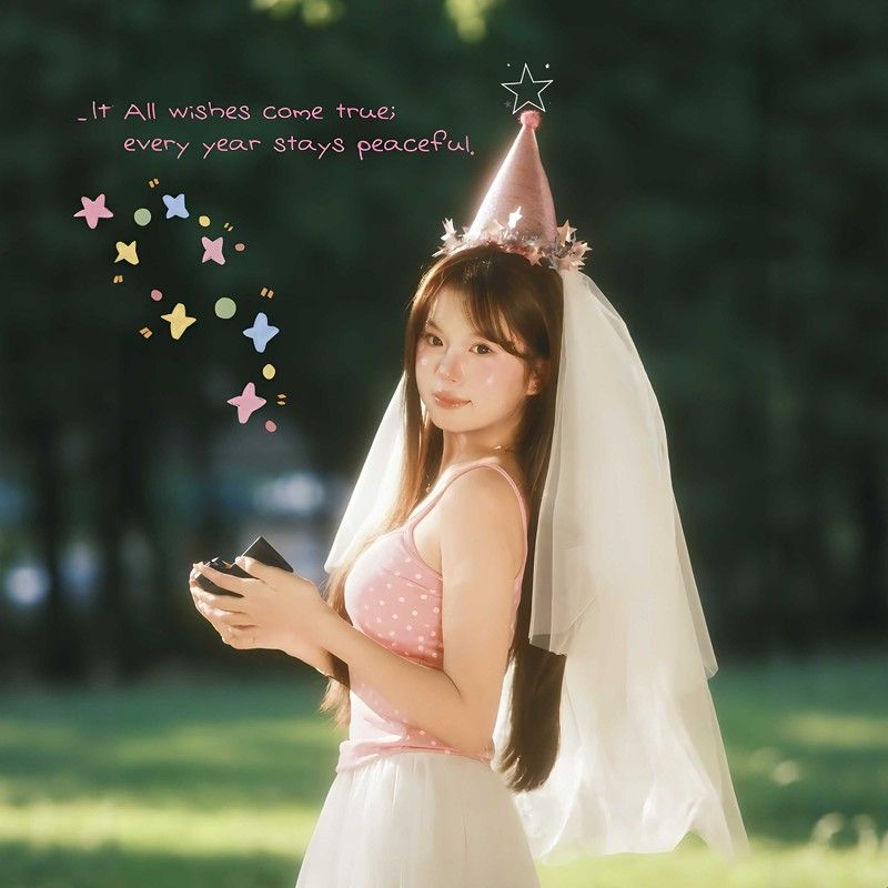 ins风粉色星星生日帽头纱套装少女头饰户外草坪氛围拍照出片道具