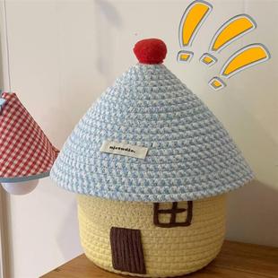 可爱家居小房子收纳筐卡通布艺大容量置物盒趣味桌面编织篮带盖桶