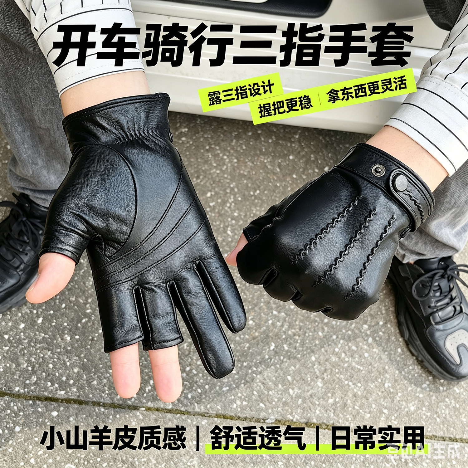 露指男士小山羊皮手套秋冬薄款触屏开车骑行机车摩托加绒真皮手套