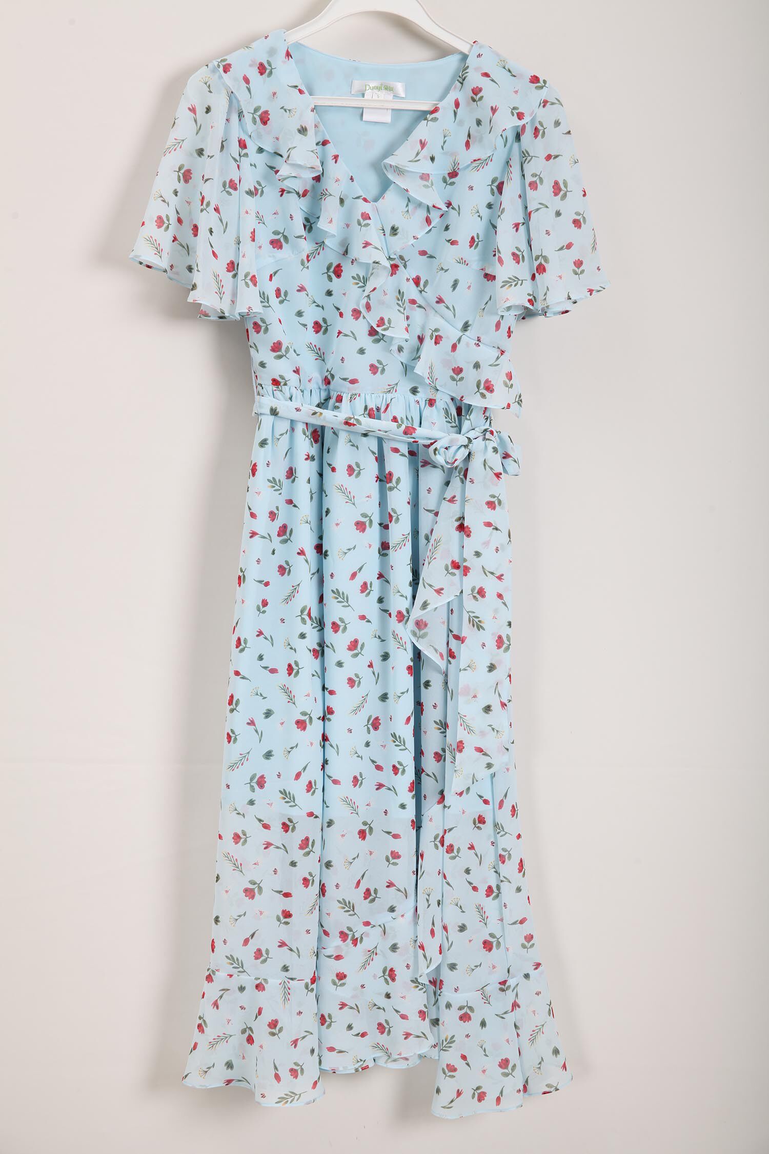 朵以夏装甜美淑女气质小碎花荷叶边连衣裙高腰中长款34dx821091