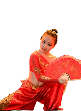 儿童少年志扇子舞舞蹈红色表演服