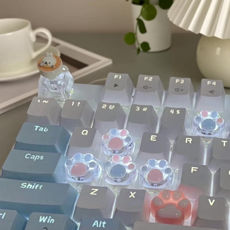 新款彩色透光猫爪键帽透明可爱粉十字轴树脂方向键机械键盘键帽