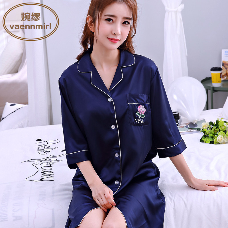 pajamas spring and autumn simulation silk Three Quarter Sleeve Nightdress Add fertilizer XL MM sexy Embroidery Borneol shirtin the Lingerie/Men's underwear/Tracksuit , Lingerie  category - from Buy2taobao.com to provide professional Taobao agent buy service