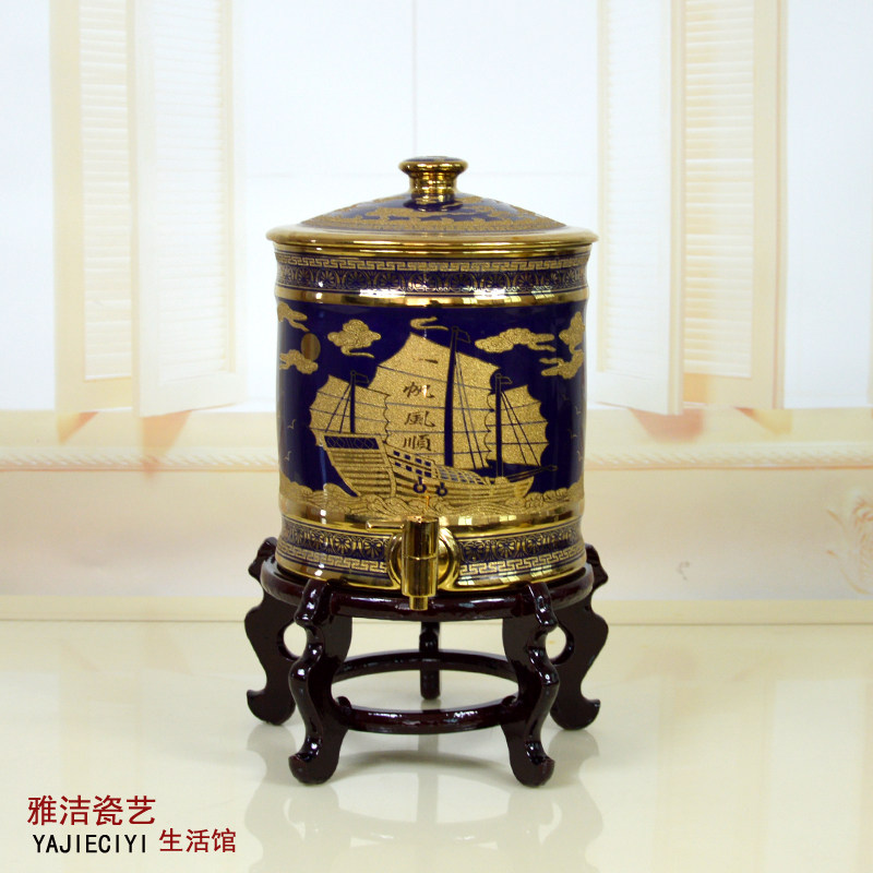 陶瓷镀金冷水壶储水罐蓄水缸净水桶 陶瓷饮水机小水缸带水龙头