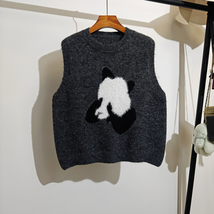 卡通熊猫针织马甲女秋冬季 毛衣坎肩背心外穿 新款 宽松圆领叠穿无袖