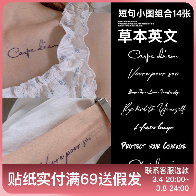 uliao 14张英文句子草本纹身贴防水持久手臂洗不掉不反光果汁贴