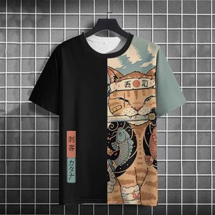 Japanese Printe Cat Samurai Women Men Shirt 2024 Unisex
