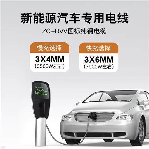 新能源电动汽车充电桩专用延长线3芯4/6/10平方国标纯铜芯RVV电缆