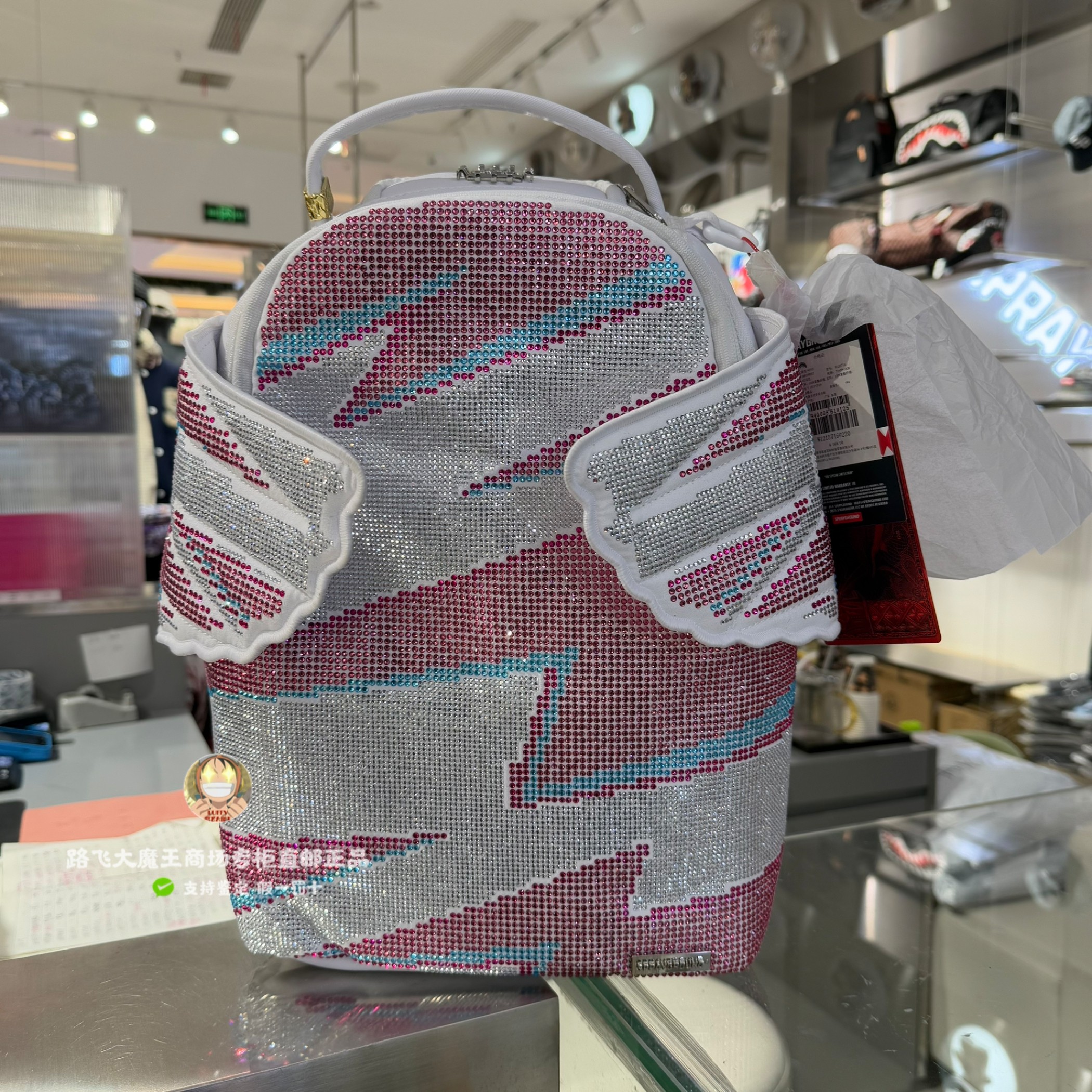 SprayGround专柜正品 双肩包W1215716新款烫钻男女鲨鱼嘴双肩背包