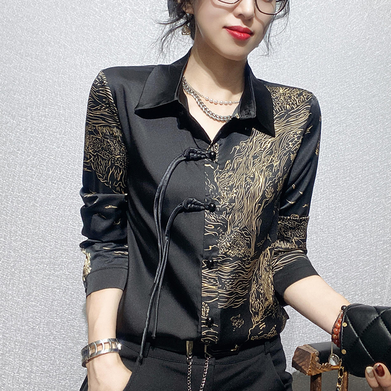 中式复古盘扣高级缎面衬衫女长袖