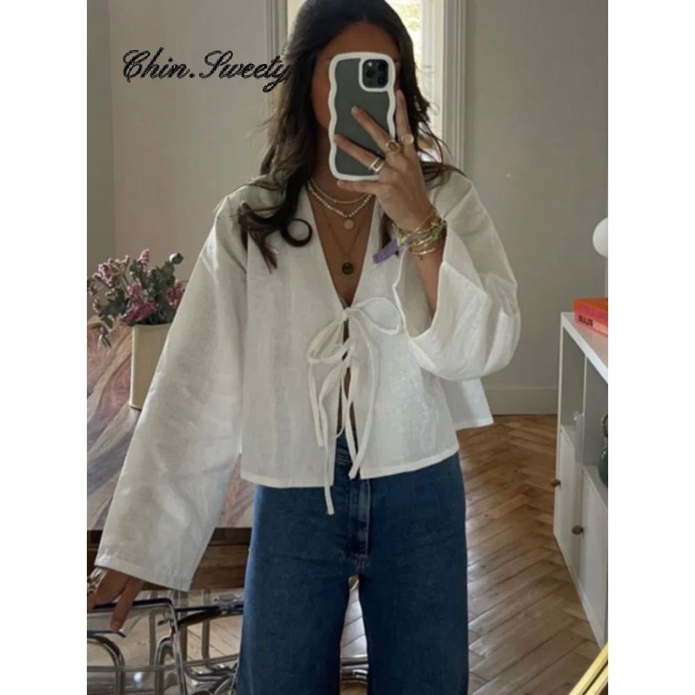 Solid Lace Up Bow Shirts Women Casual Long Flare Sleeve V Ne