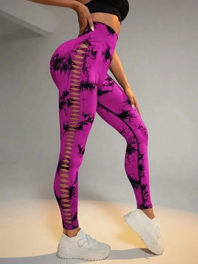 Women Tie Dye Hollow Out Leggings Sports Yoga Pants Fitness 运动服/休闲服装 运动文胸 原图主图