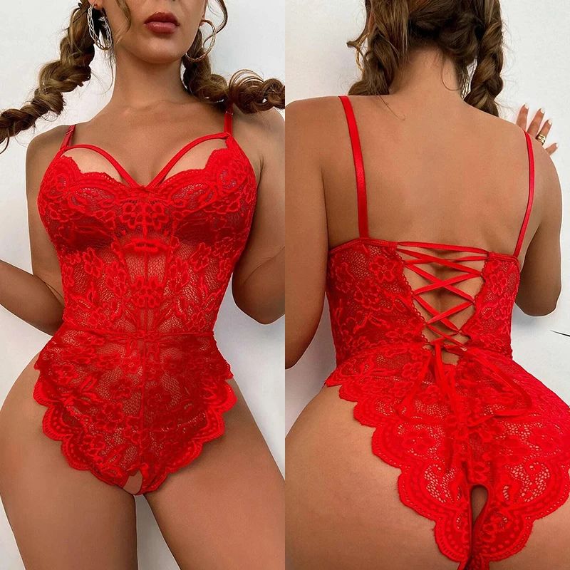Sexy Crotchless Red Lingerie Women Lace Back Bandage Bra Set
