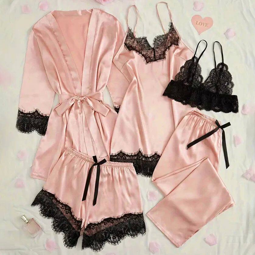 Women's Satin Sleepwear Pajama Set Pink Sexy Lingerie Bath R