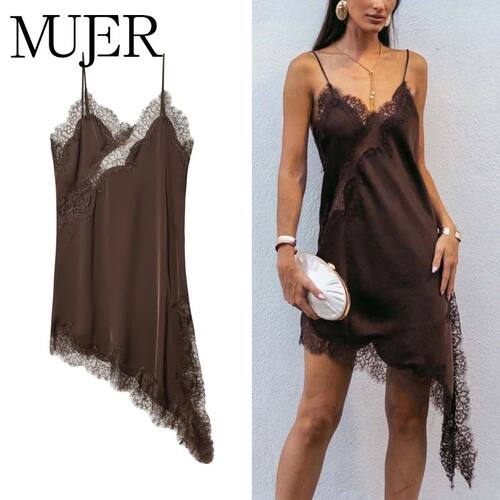 Lace Slip Mini Dress Women Satin Backless Summer Dress Woman