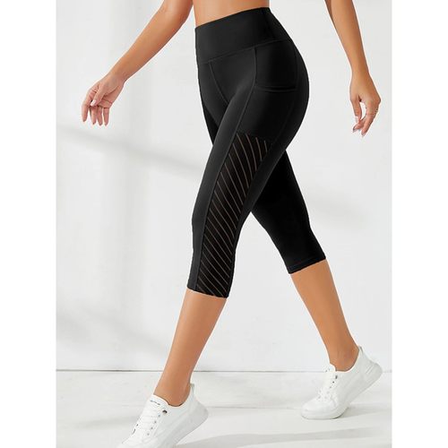 Side Pockets Calf Length Yoga Pants Solid Color high elastic