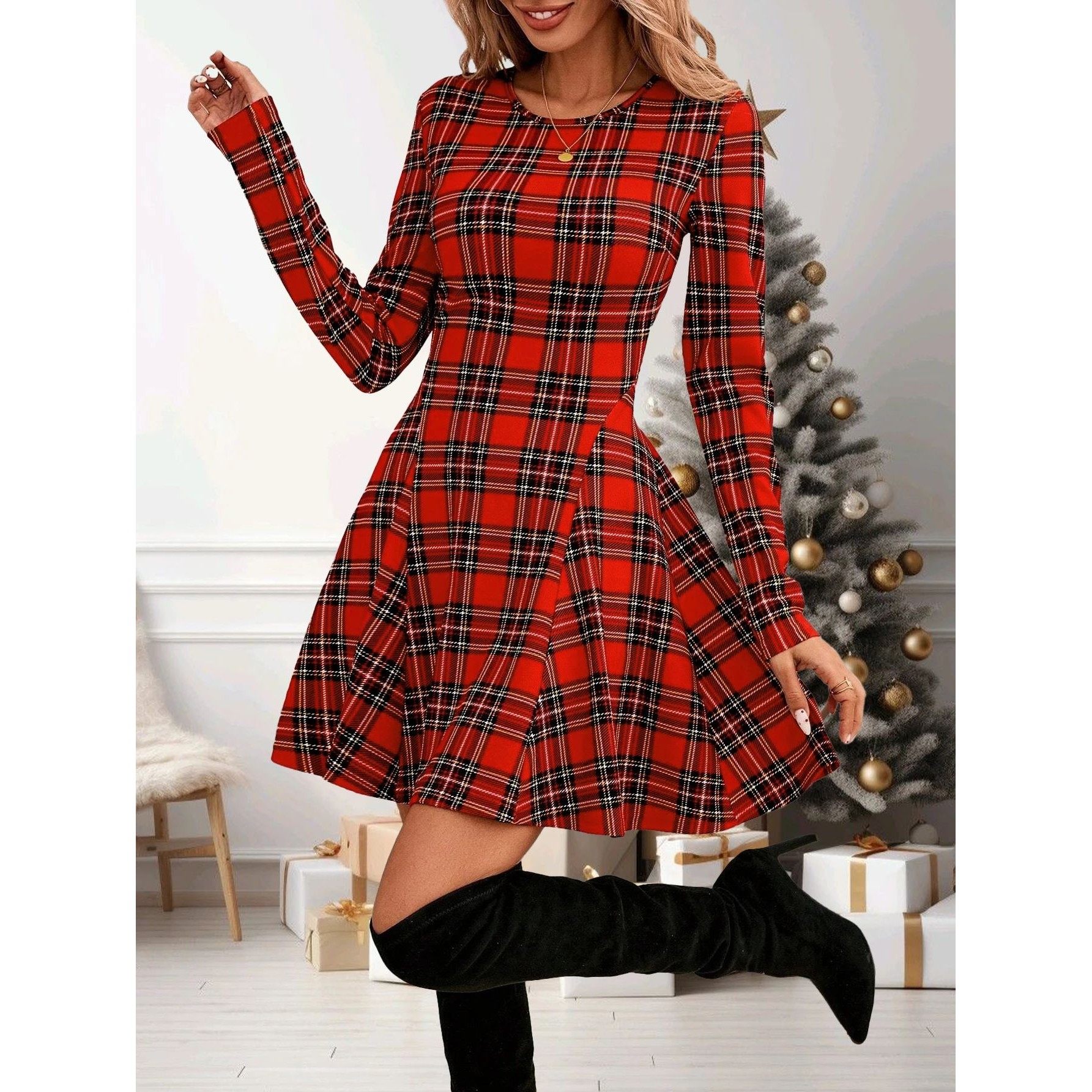 Women's Cute Red Plaid Long Sleeve Dress, Christmas - Vibe S