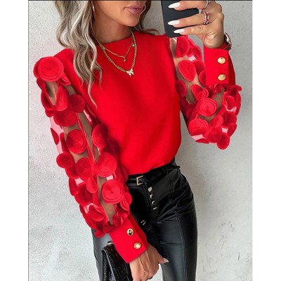 Fashion Lantern Sleeve Button Splicing Shirt Women Elegant O