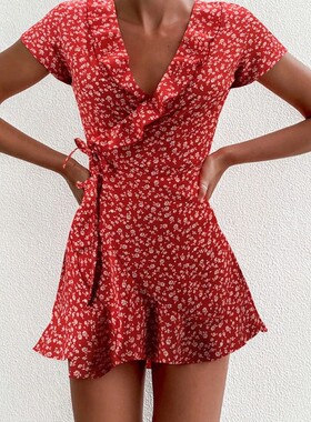 Summer Women’s Floal A-Line Dress Sweet Elegant Floral Ruff