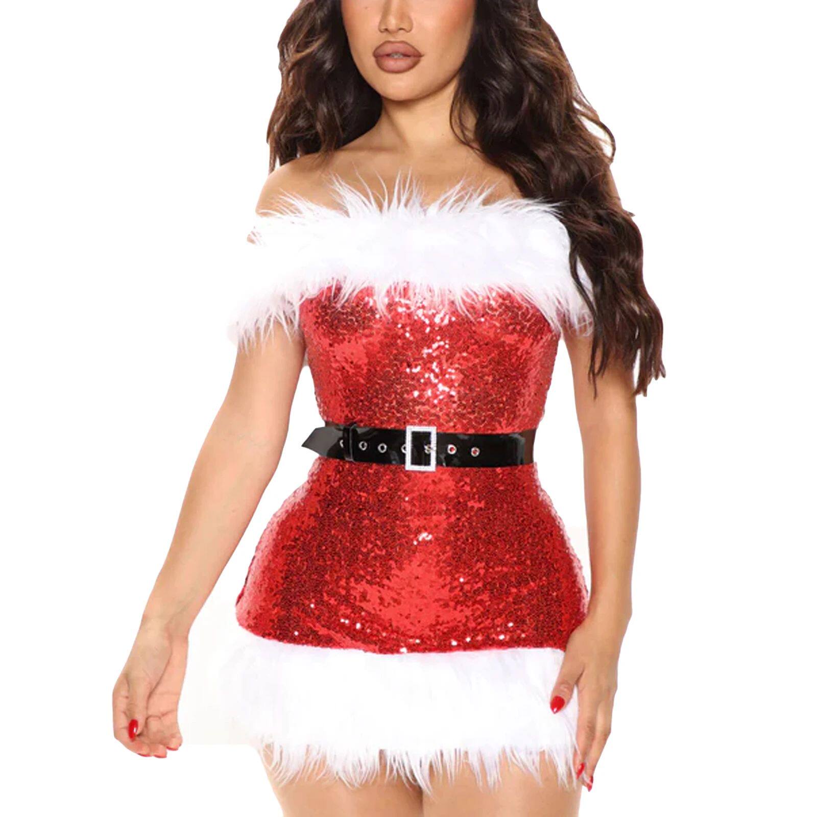 Women Wrapped Sequined Christmas Dress Sleeveless Off Should