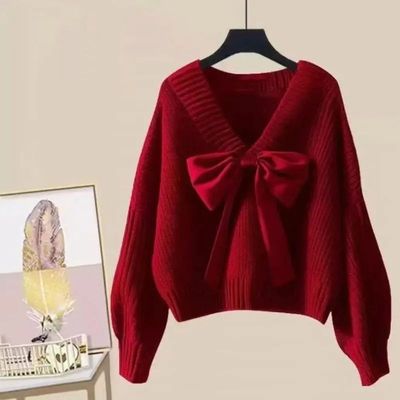 Big Bow Knitwear Sweater Pullover for Women Patchwork Red Ch