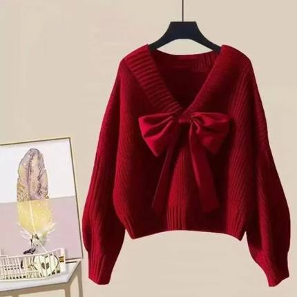 Big Bow Knitwear Sweater Pullover for Women Patchwork Red Ch