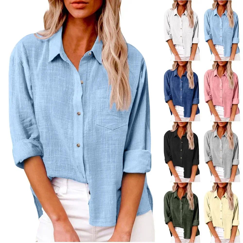 Cotton Linen Long Sleeve Shirts for Women T Shirt SolidT-Shi图片