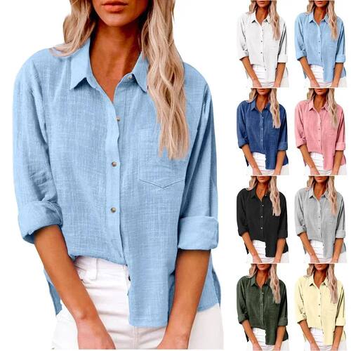 Cotton Linen Long Sleeve Shirts for Women T Shirt SolidT-Shi