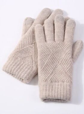 Female Winter Warm Knitted Full Finger Gloves Men Solid Wool