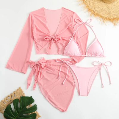 Women pink micro mini string bikini sets 4 pieces with mesh