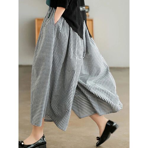 Spring Elegant Woman Dress Plaid Pants Thin Cotton Linen Wid