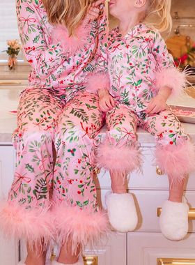 Hirigin Mommy and Me Christmas Pajamas Set Feather Trim Long