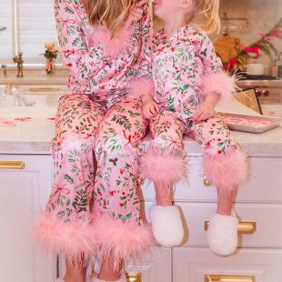 Hirigin Mommy and Me Christmas Pajamas Set Feather Trim Long