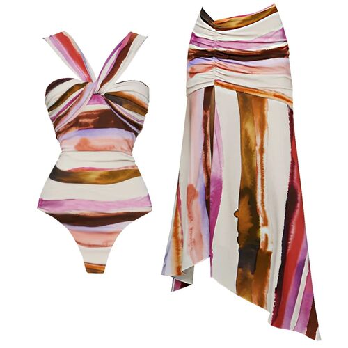 2Pcs Striped Swimsuit With Long Skirt Sexy Women Bikini Push